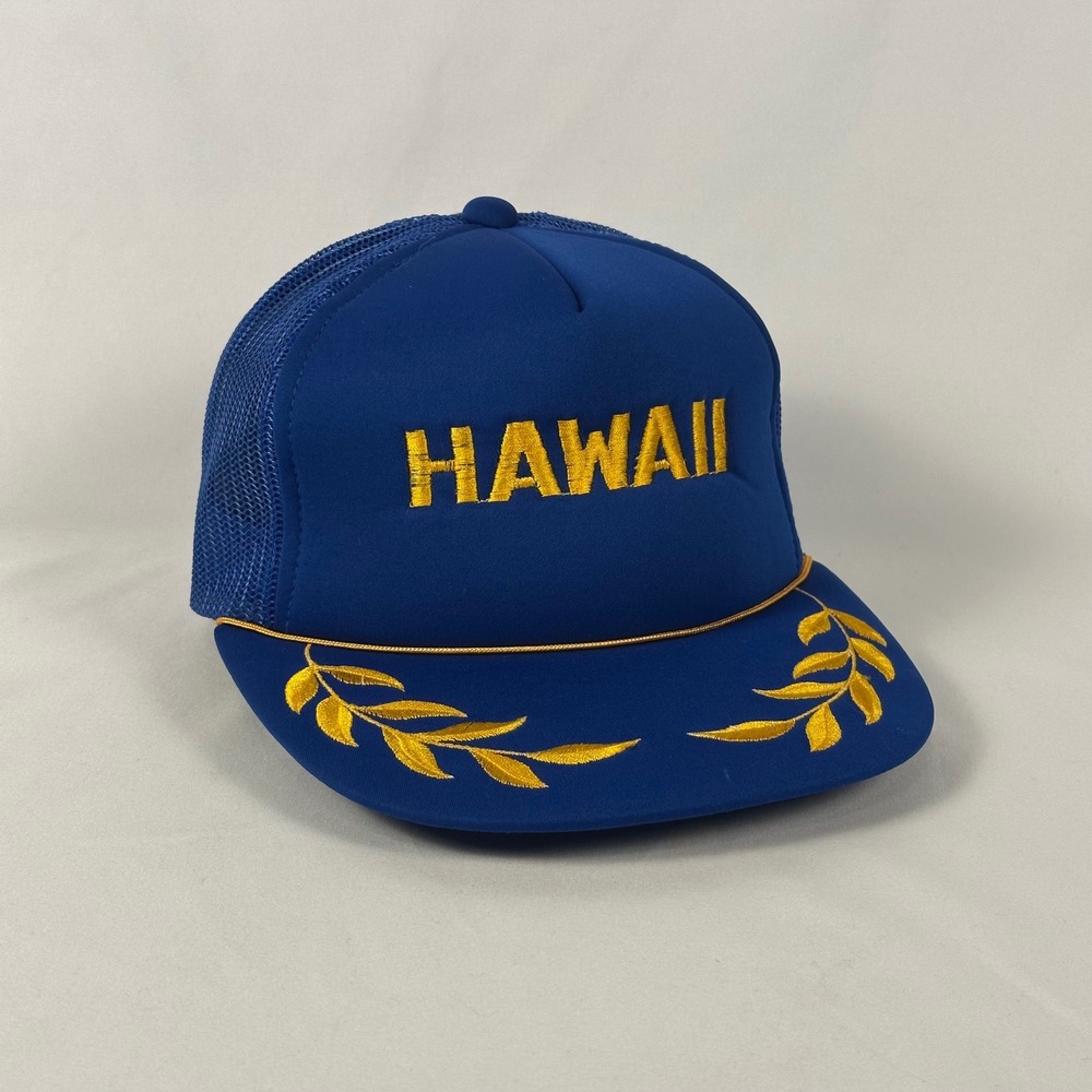 Vintage Hawaii Trucker Hat Blue Gold Laurel Leaf Snapback Mesh Cap Scrambled Egg